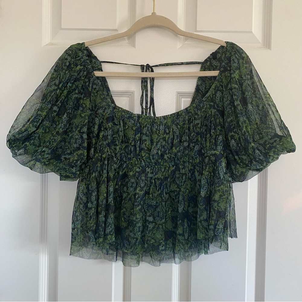 Free People baby doll green and black blouse